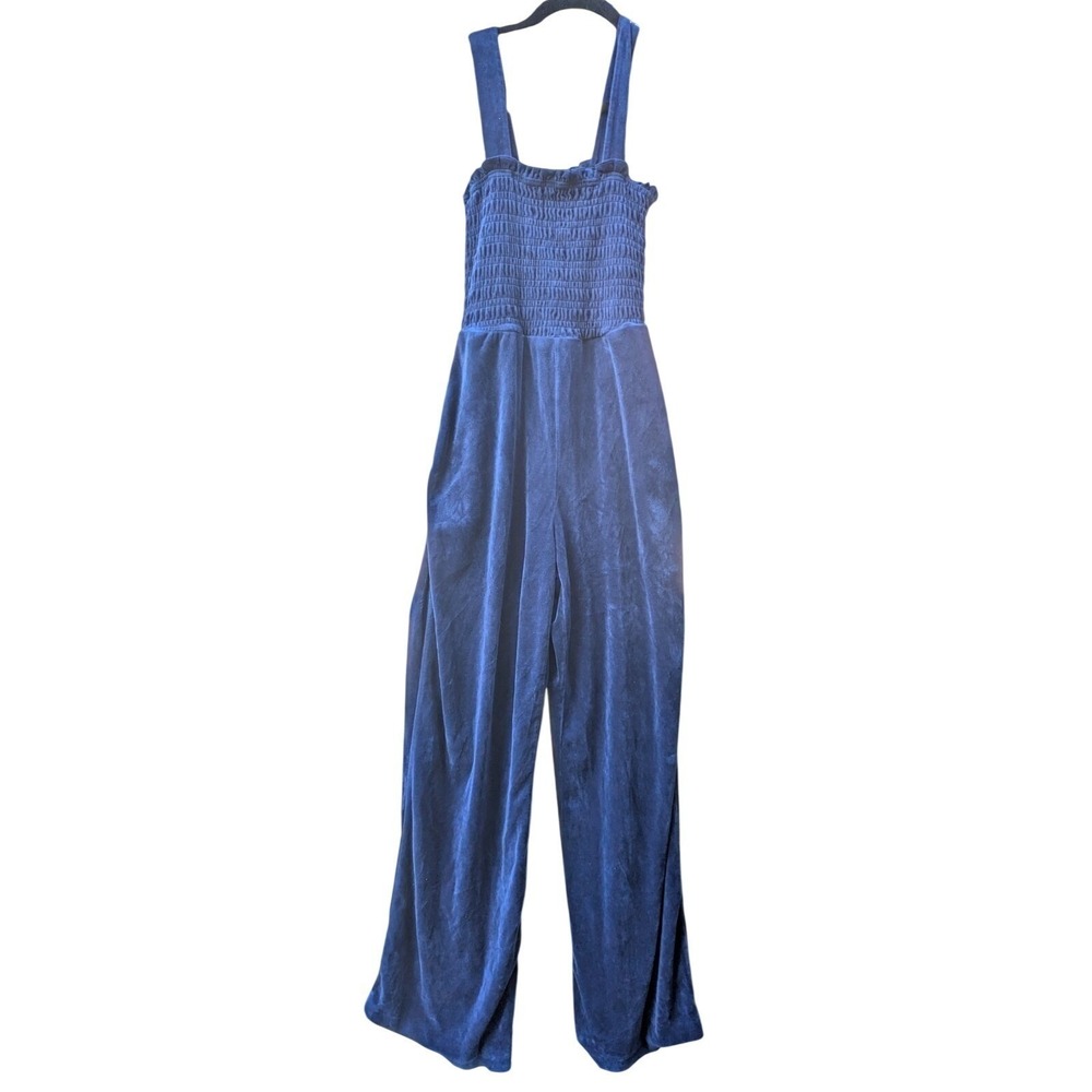 M Juicy Couture Heritage Smocked Velour Jumpsuit Regal Blue Pockets Coquette - Picture 2 of 8